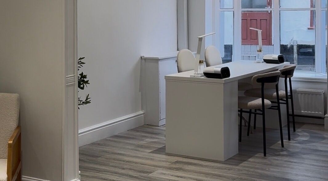 Chic manicure station at calma salons - Lymm, showcasing modern decor in Lymm, England, GB.