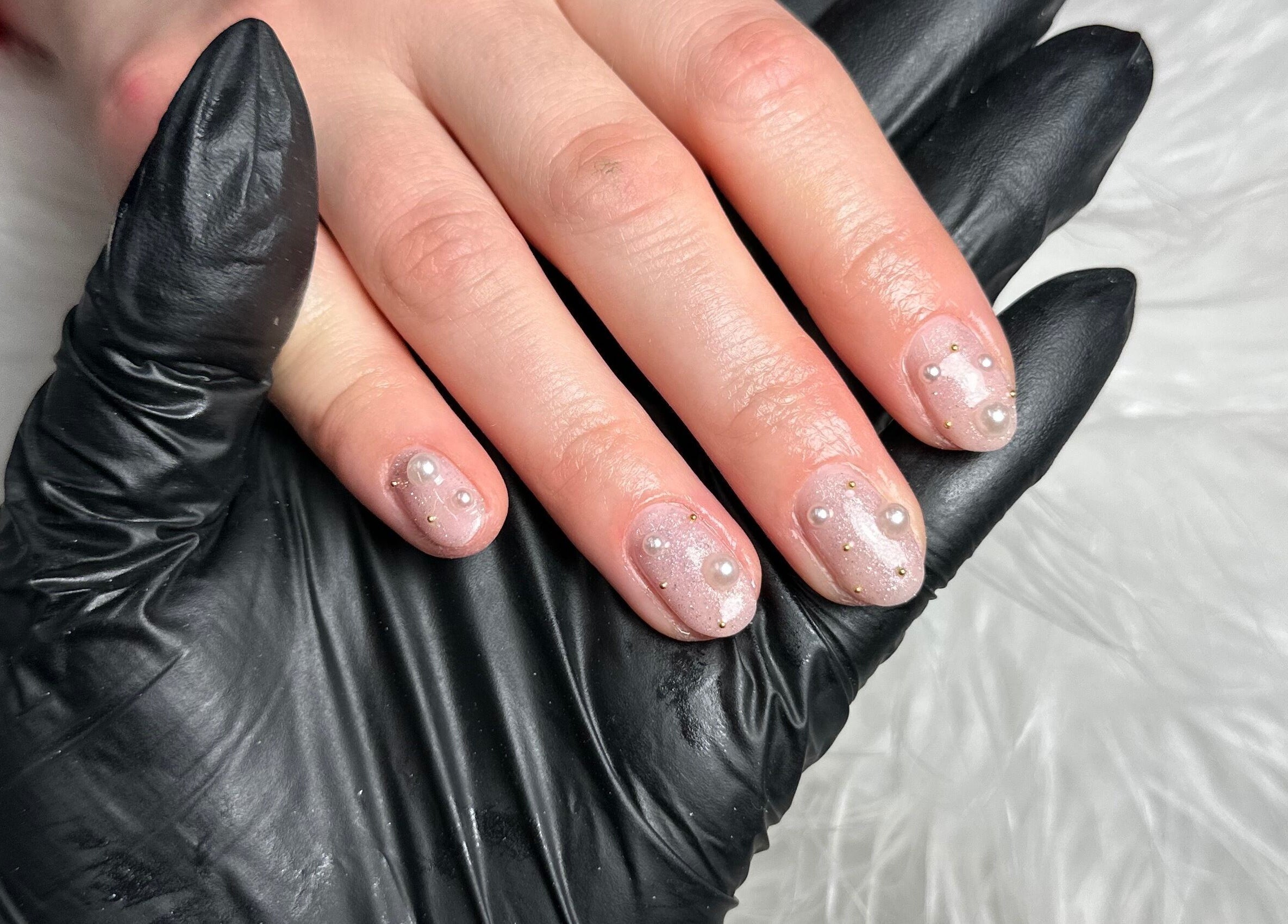 Intricate pearl nail art by Pretty and Polished in Sandy, England, GB.