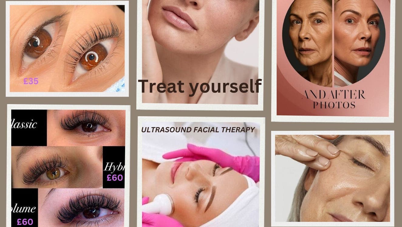 Collage of beauty treatments at Luna Bloom, Belfast, Northern Ireland, GB showcasing lashes and skincare.