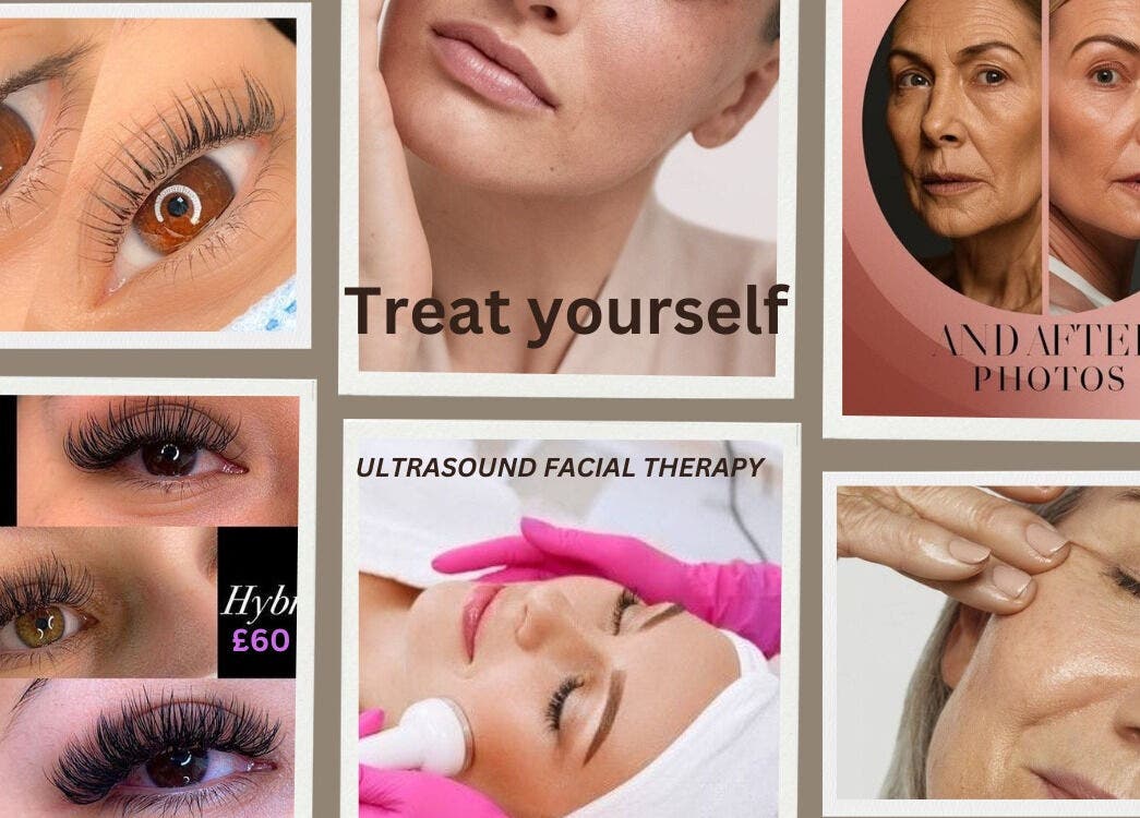 Collage of beauty treatments at Luna Bloom, Belfast, Northern Ireland, GB showcasing lashes and skincare.