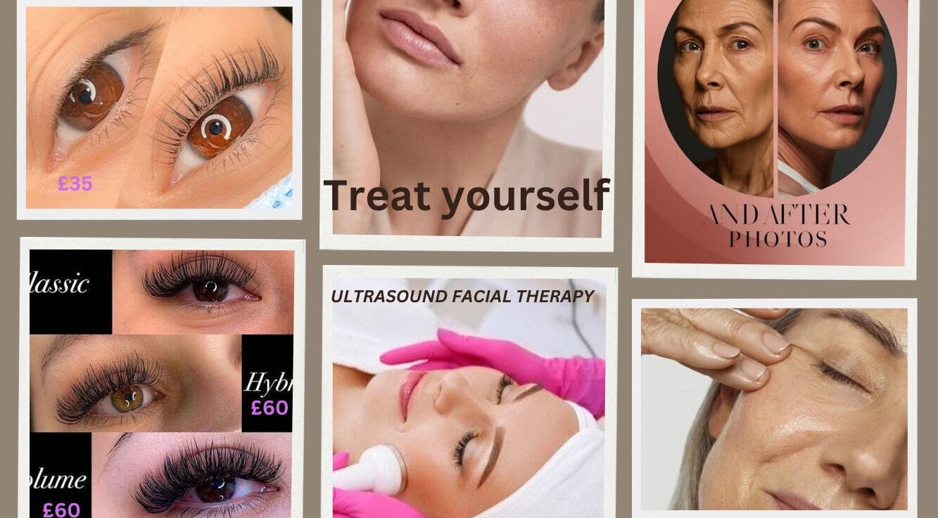 Collage of beauty treatments at Luna Bloom, Belfast, Northern Ireland, GB showcasing lashes and skincare.
