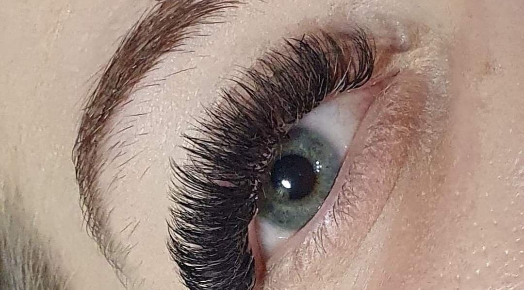 Close-up of eye with voluminous lashes from Luna Bloom, Belfast, Northern Ireland, GB.