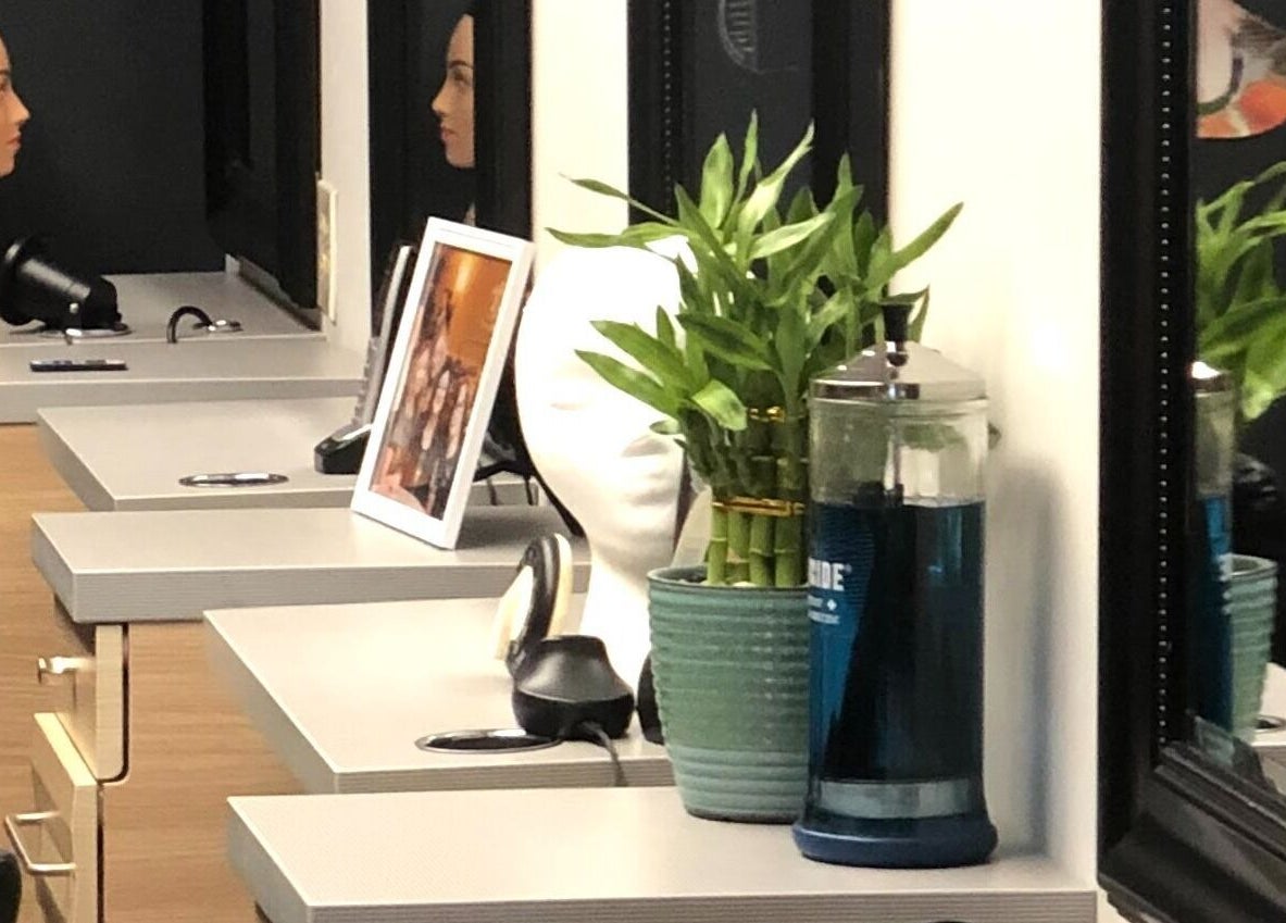 Modern styling station at Gemini Hair Studio in Randolph, New Jersey, US, showcasing elegance and functionality.