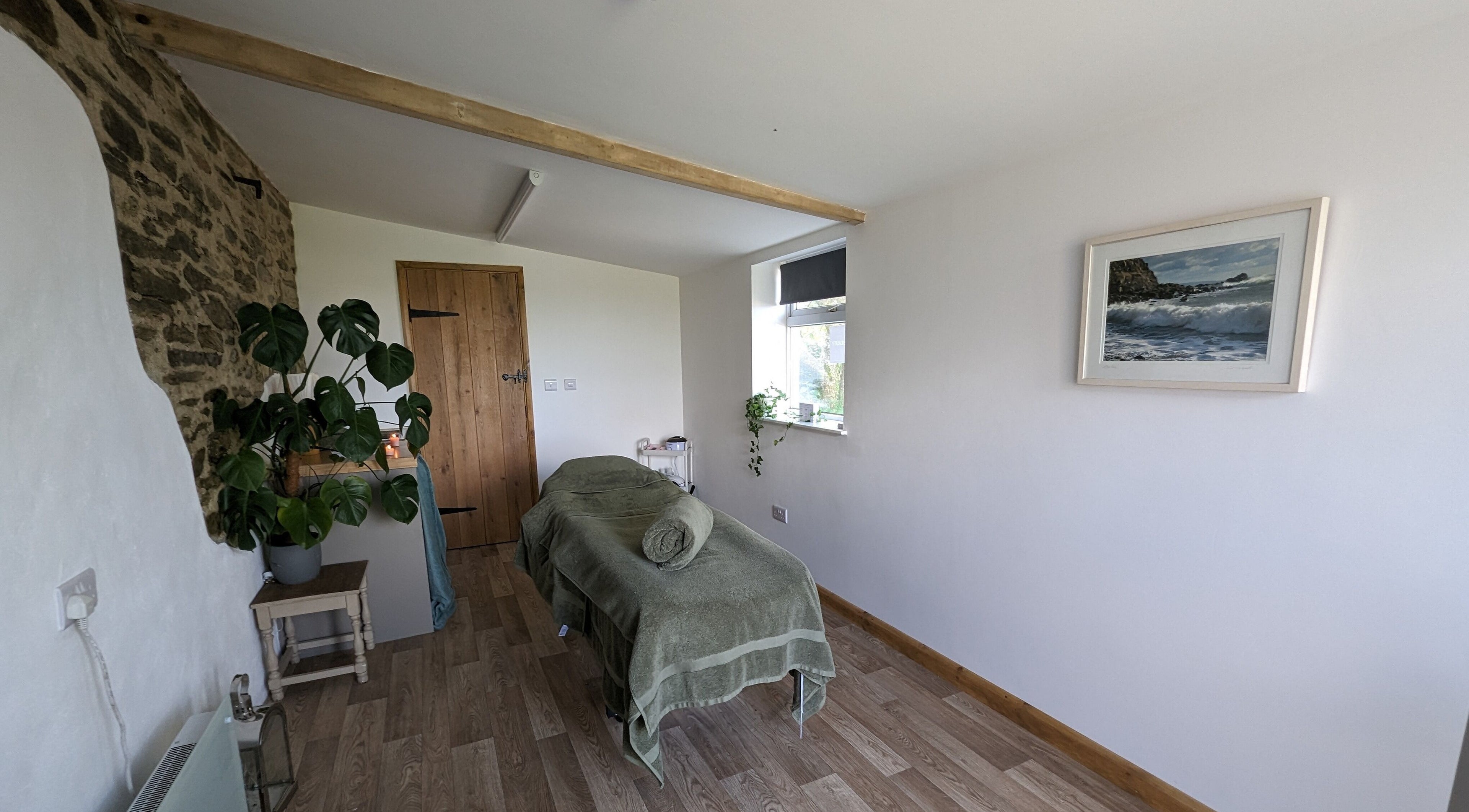 Cozy massage room at Broad Beauty in Dutson, England, GB, featuring serene decor and green plants.