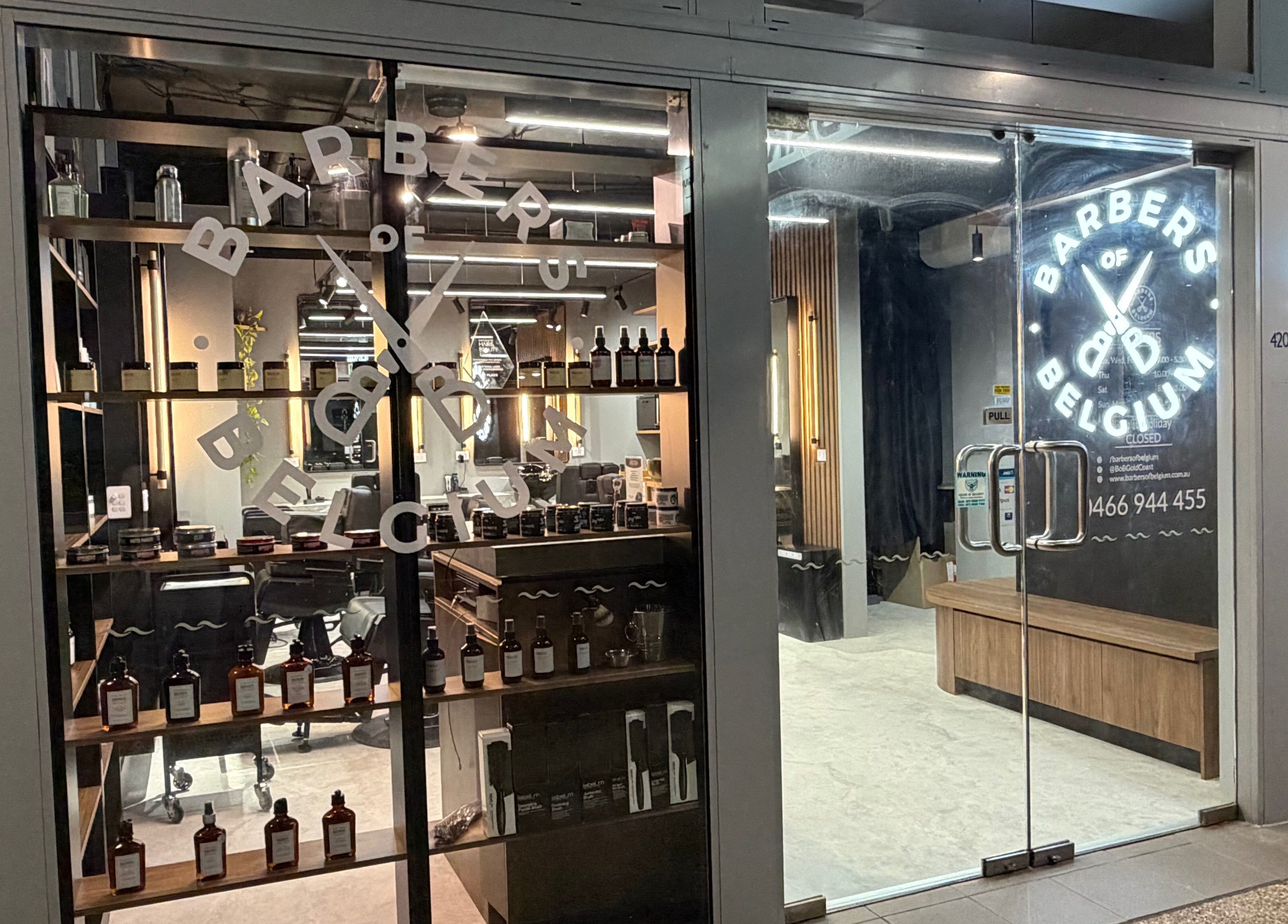 Exterior of Barbers Of Belgium Pty Ltd. in Southport, QLD, AU, showcasing modern design and grooming products.