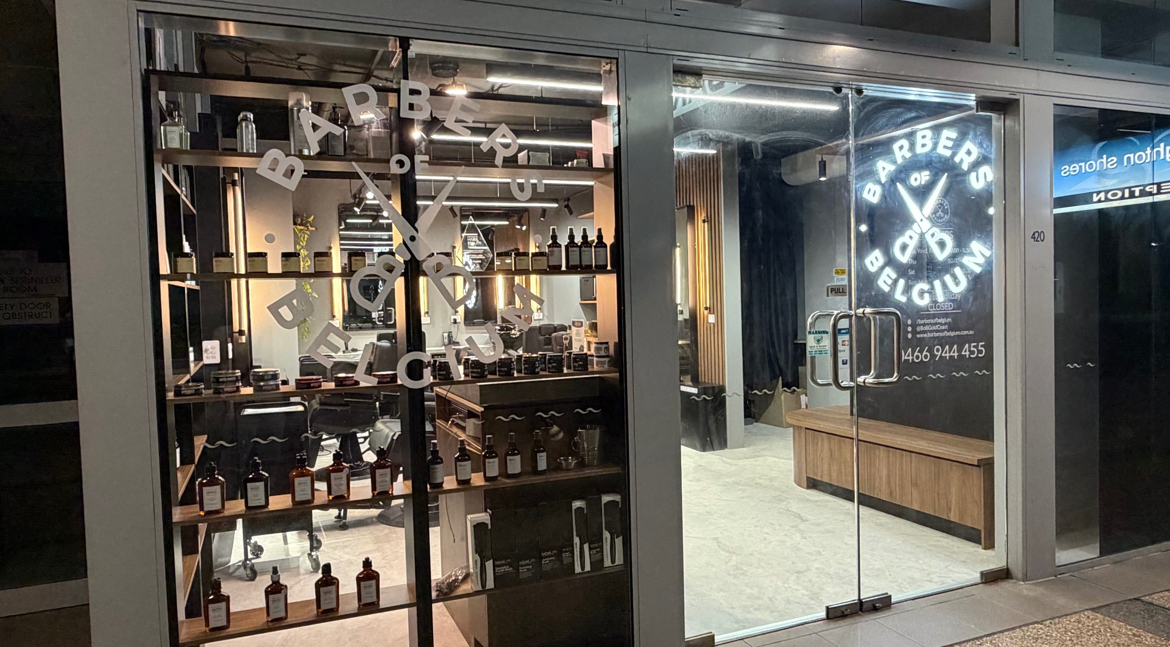 Exterior of Barbers Of Belgium Pty Ltd. in Southport, QLD, AU, showcasing modern design and grooming products.