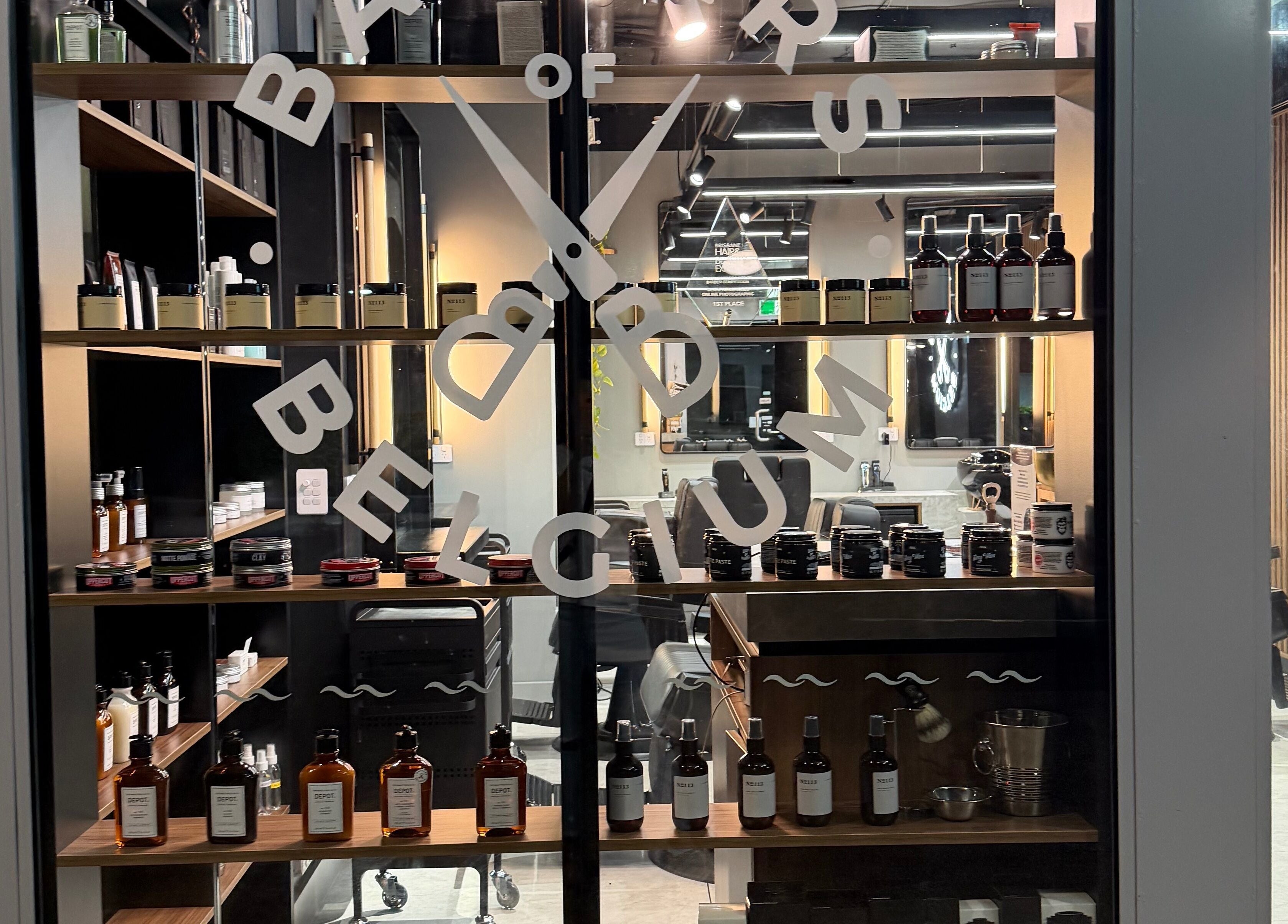 Barbers Of Belgium Pty Ltd. shopfront showcasing grooming products in Southport, QLD, AU