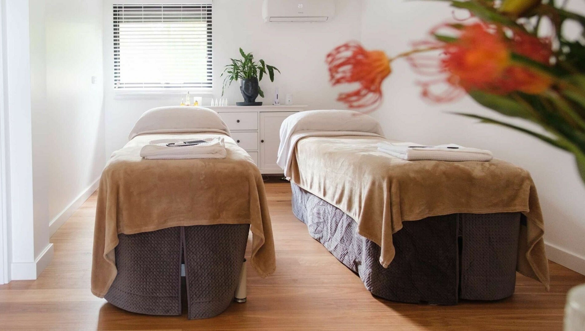 Relaxing massage room at Chimes Day Spa, Denmark, Western Australia, AU with two treatment beds.