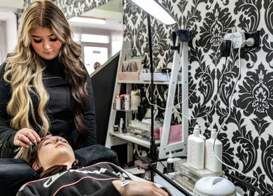 Beauty session at UC Hair, Risdon Vale, Tasmania. Stylist carefully shapes client's brows in elegant setting.