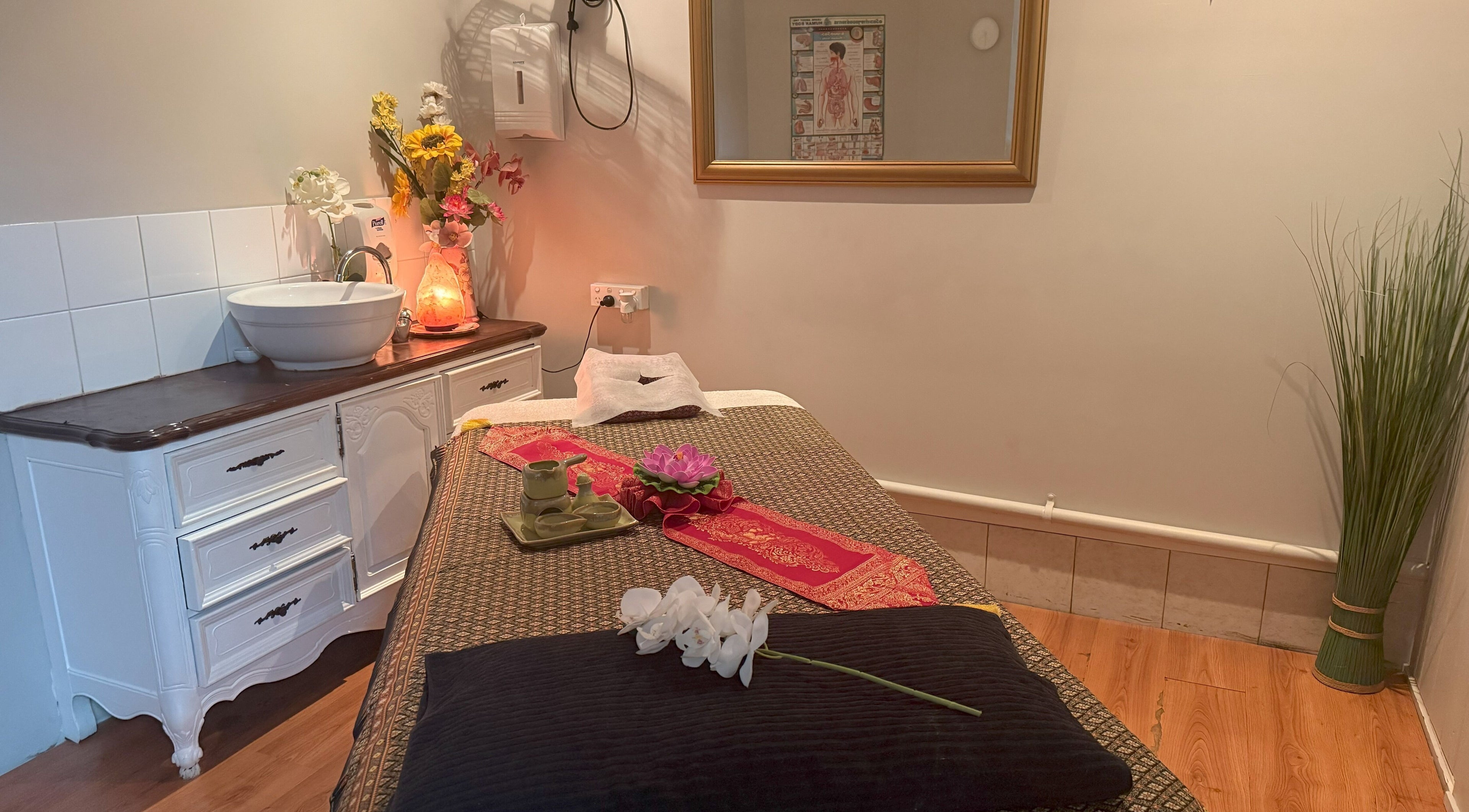 Tranquil massage room at Lai Thai Massage and Spa, Mandurah, Western Australia, AU with elegant decor.
