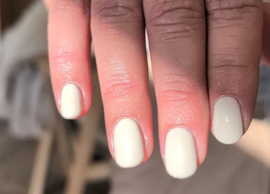 Freshly manicured nails with a soft cream polish at Nics Nails, Shrewsbury, England, GB.