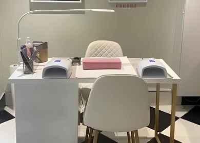Chic nail station at Hello Happiness Hair (by Elrae) in Cape Town, Western Cape, ZA. Modern comfort and style.