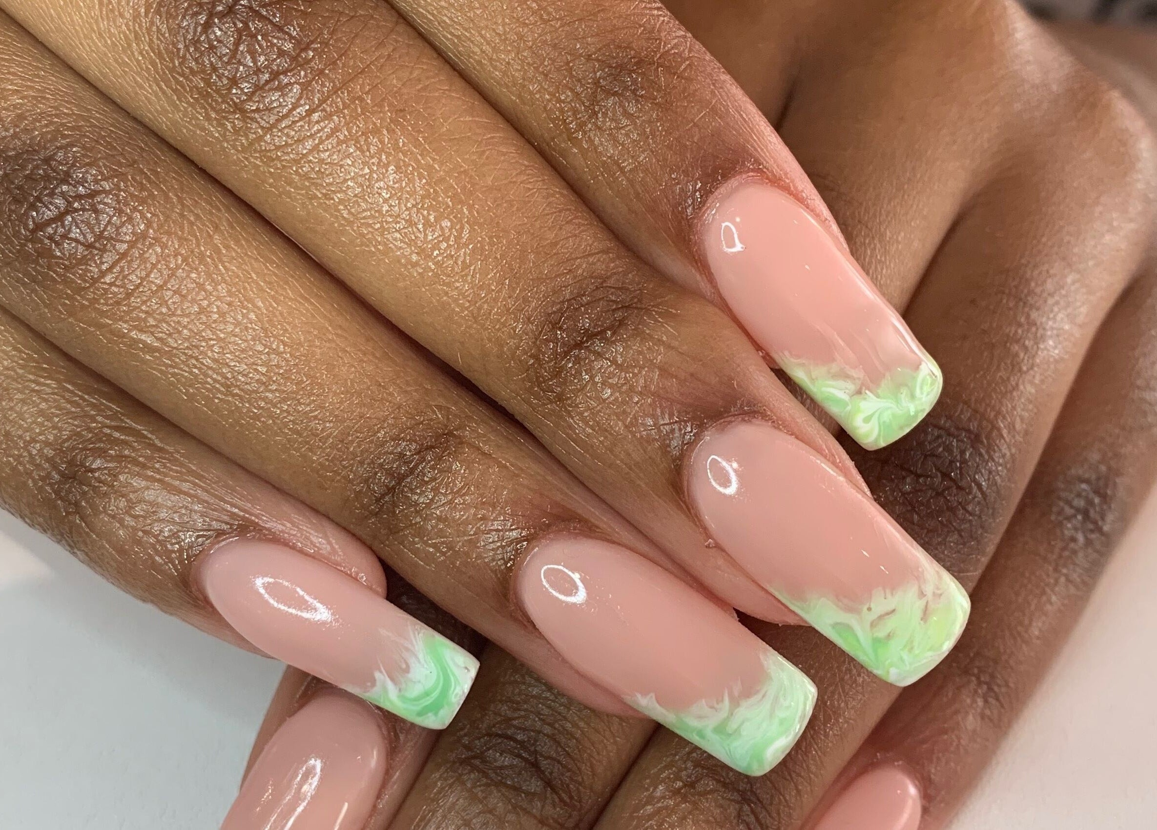 Pastel pink and green French manicure at Nails By Jade, Pietermaritzburg, Kwazulu-natal, ZA.