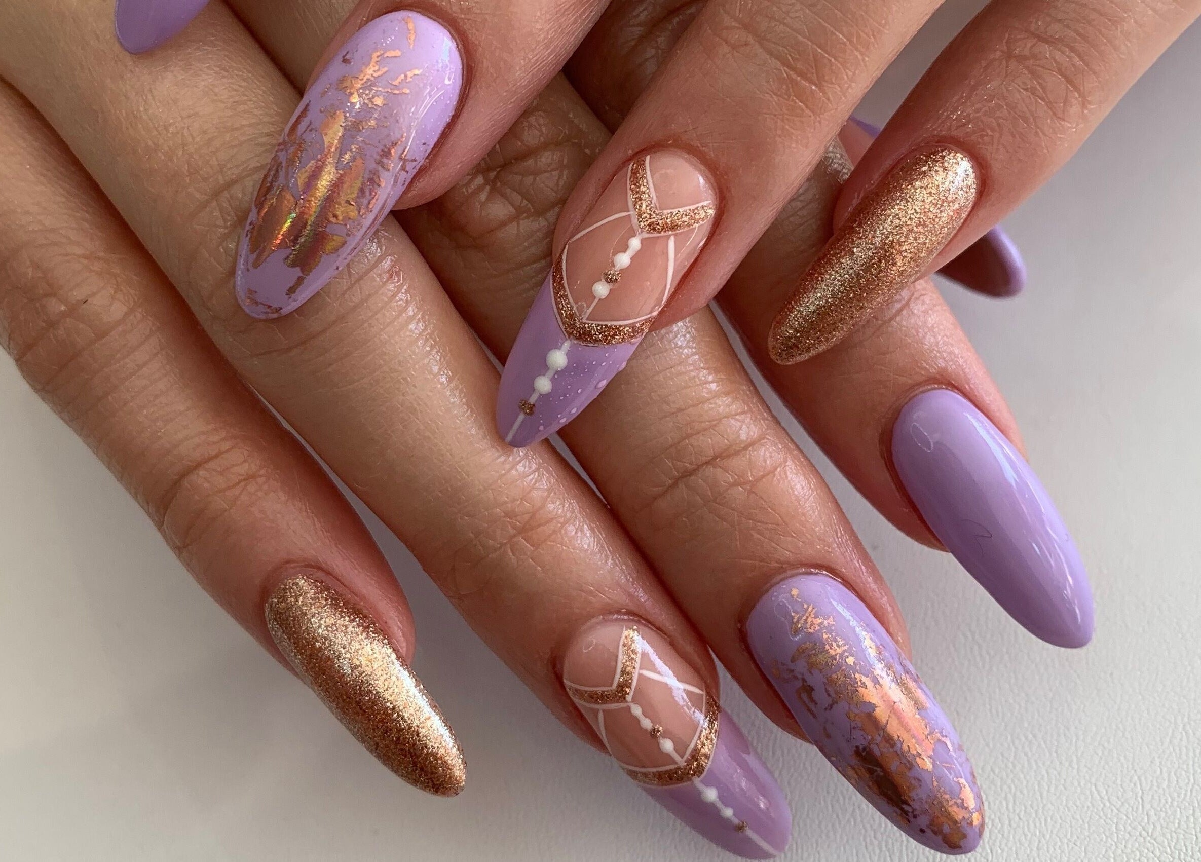 Lavender and gold nail art at Nails By Jade, Pietermaritzburg, Kwazulu-natal, ZA.