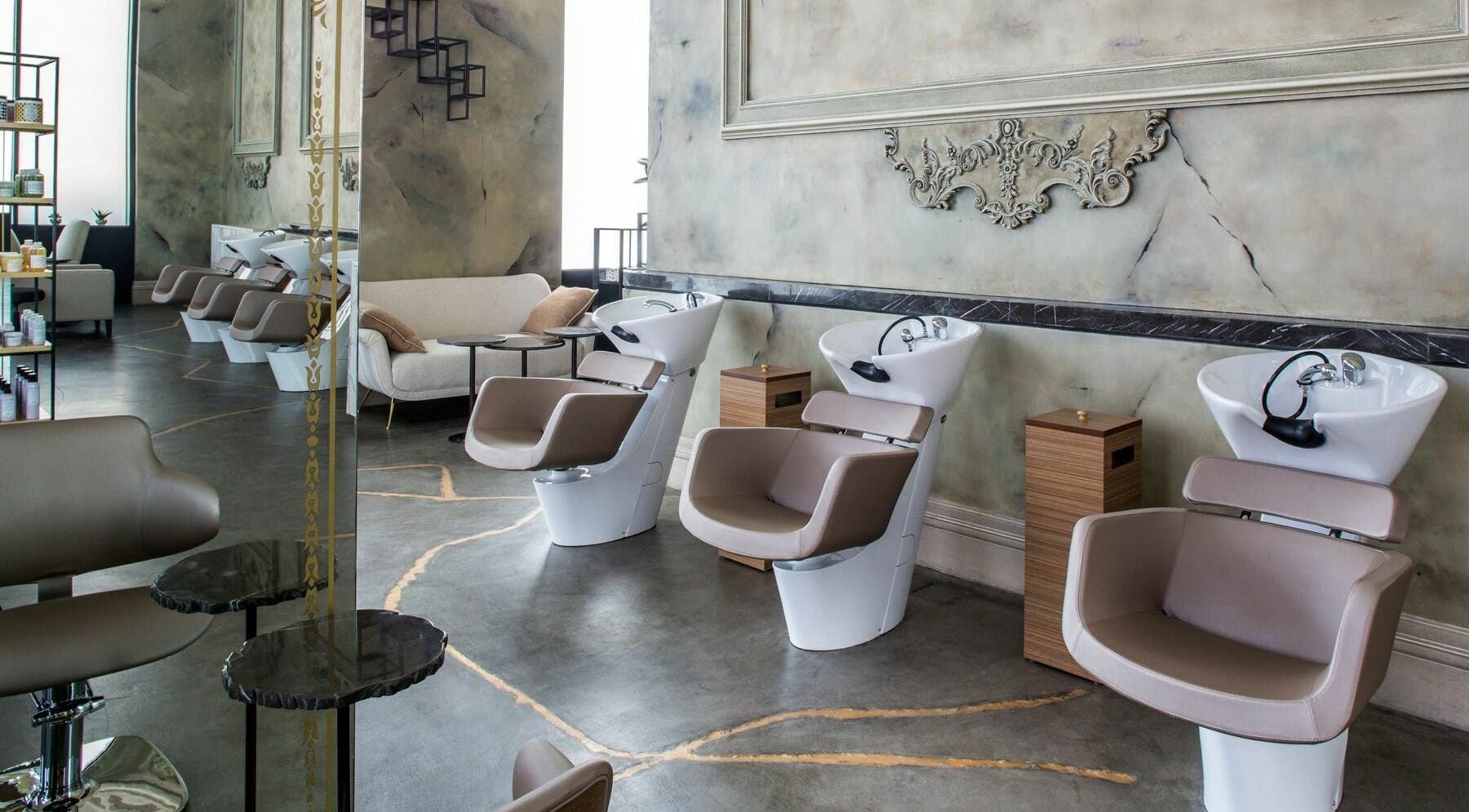 Modern wash stations and seating at The Salon Majas, Riyadh, Riyadh Province, SA showcasing luxurious design.
