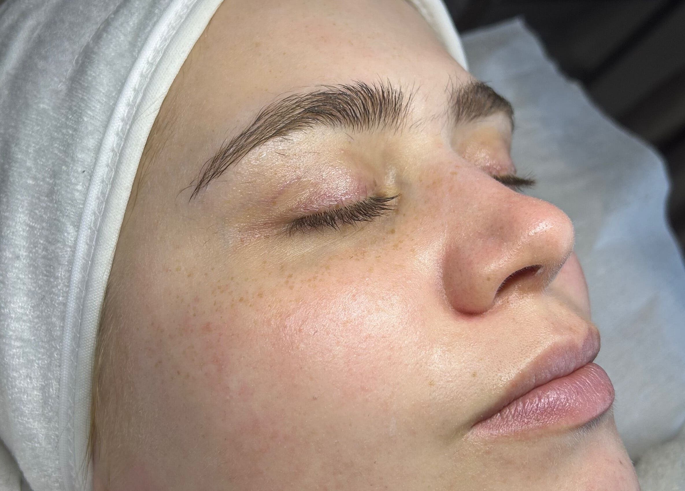 Close-up of relaxed woman after brow treatment at Nancy’s Lashes and Brows, Clacton-on-sea, England, GB.