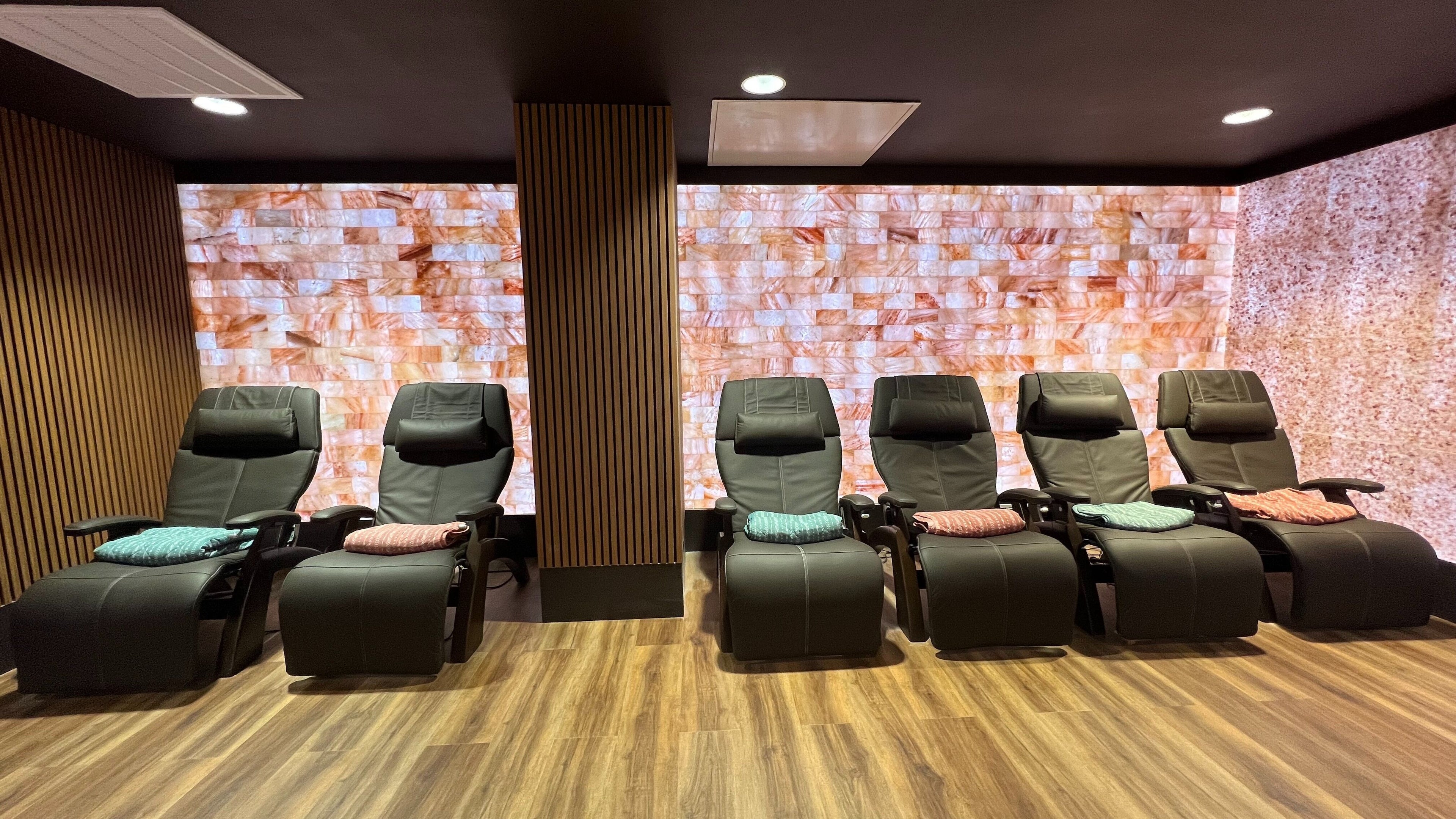 Relaxing chairs in the salt therapy room at Sapa Wellness Workshops in Denver, Colorado, US.