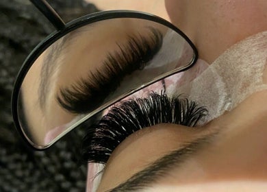 Close-up of eyelash extensions with reflection at By Loretta Monet, Morley, England, GB.