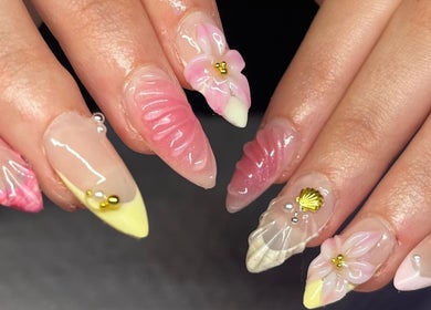 Intricate floral nail art design at Nails by Kara May, Bridport, England, GB, showcasing creative craftsmanship.