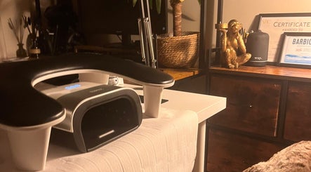 Cozy nail station at Nails by Kara May, Bridport, England, GB with a sleek UV lamp.