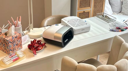 Modern nail station at Polished by Jasmin, Worcester, England, GB, showcasing tools and decor.