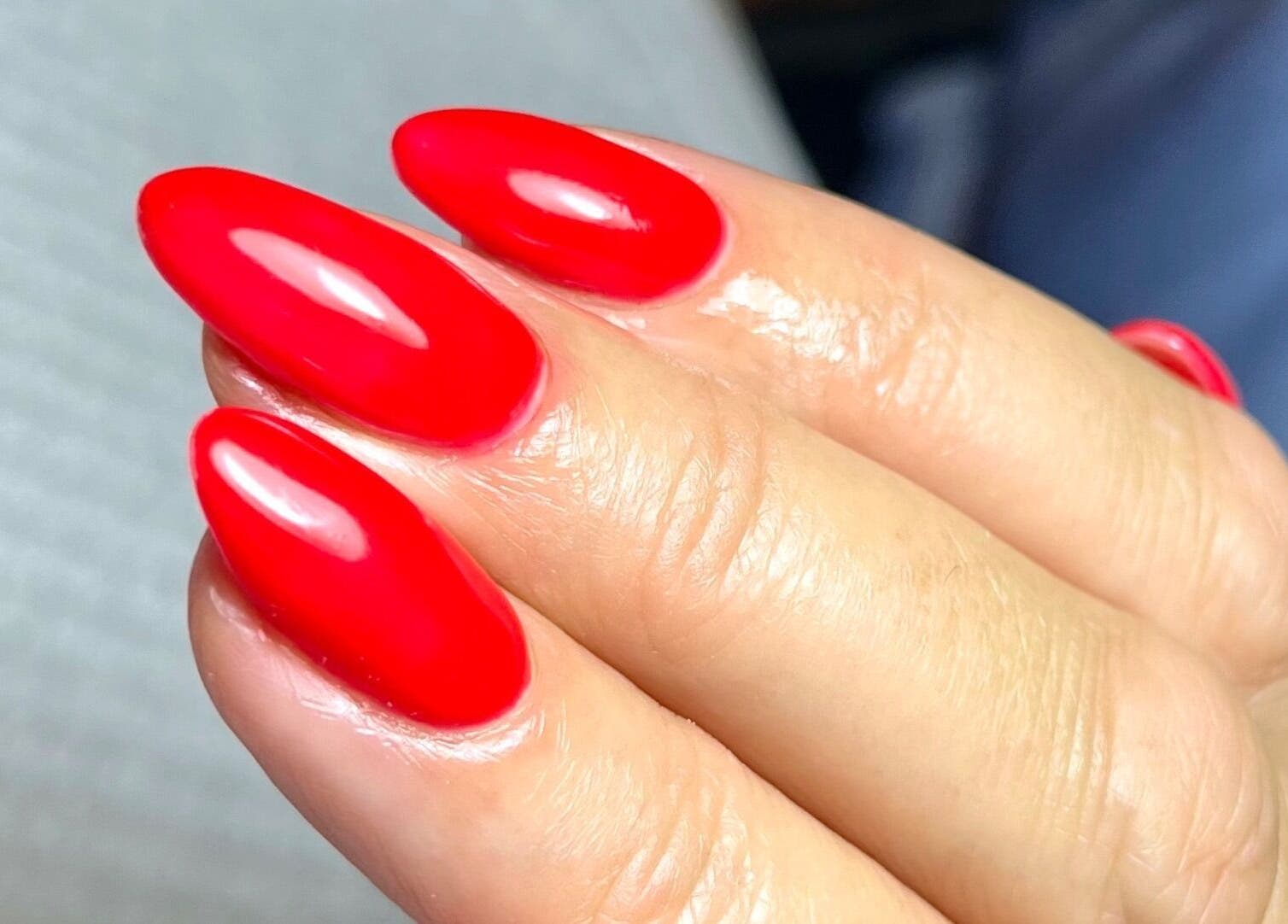 Stunning red gel nails at Polished by Jasmin, Worcester, England, GB.