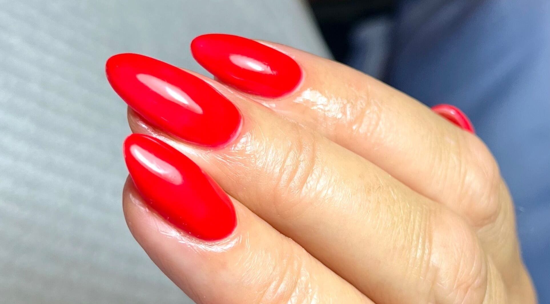 Stunning red gel nails at Polished by Jasmin, Worcester, England, GB.