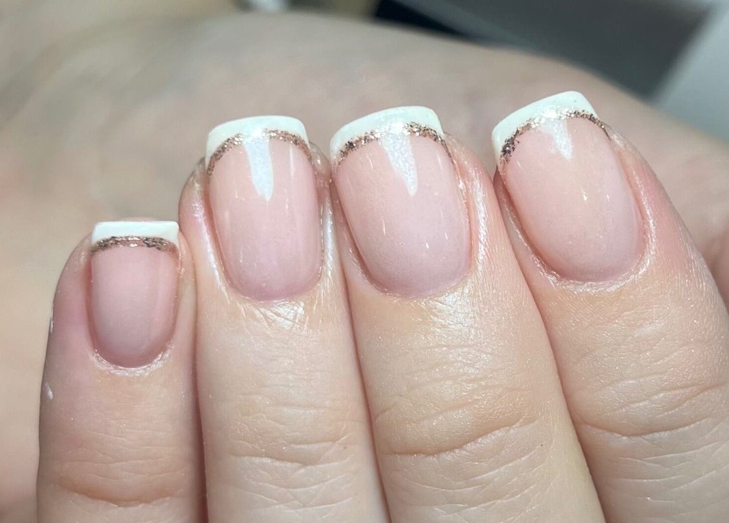 Elegant French manicure with shimmer at Polished by Jasmin, Worcester, England, GB.