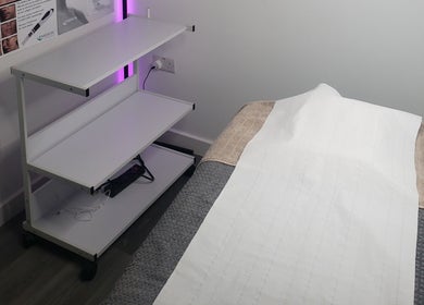 Relaxing treatment room at Julia Plas Skin Alsager (Home based), Stoke-on-Trent, England, GB.