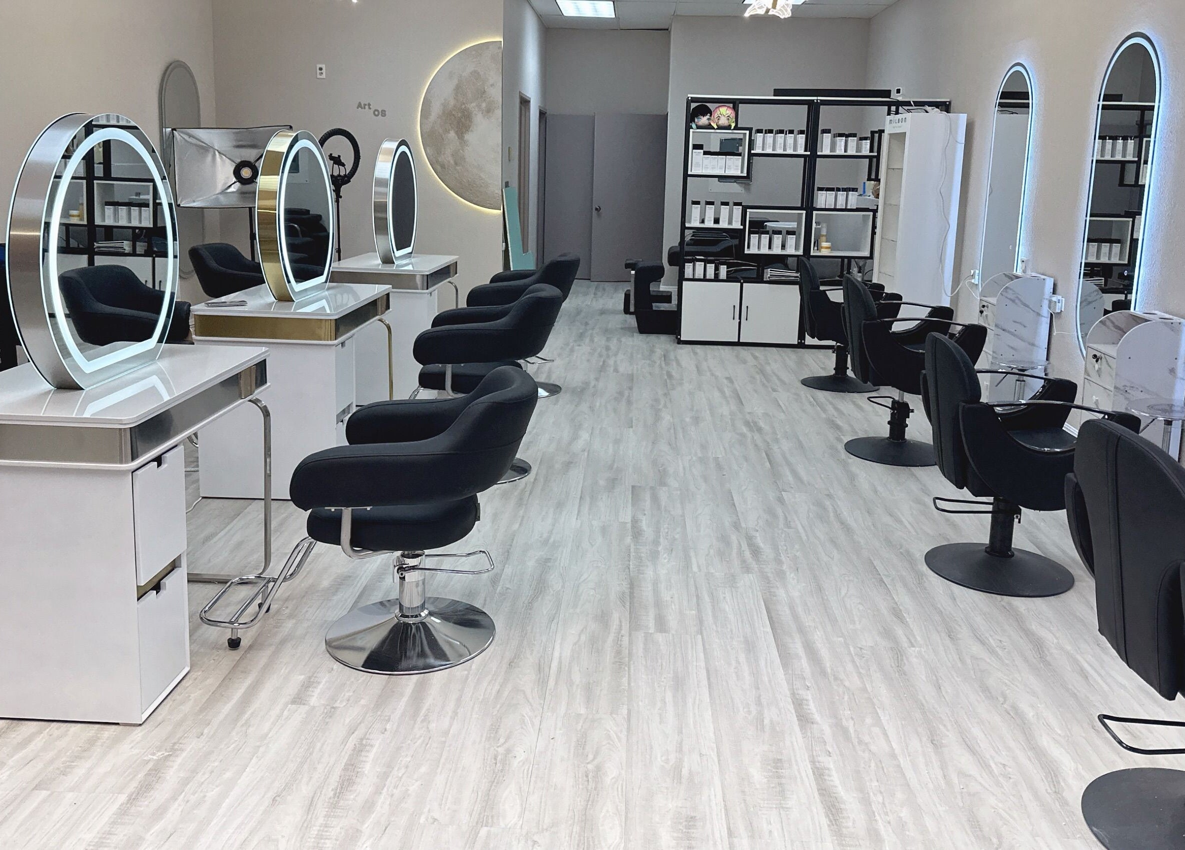 Spacious, modern salon interior at Art OS Hair Salon, San Gabriel, California, US, featuring chic styling stations.