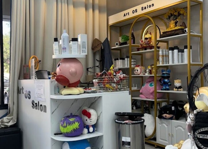 Art OS Hair Salon interior display with hair products in San Gabriel, California, US.