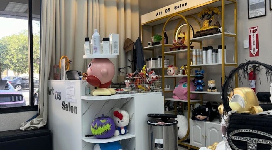 Art OS Hair Salon interior display with hair products in San Gabriel, California, US.