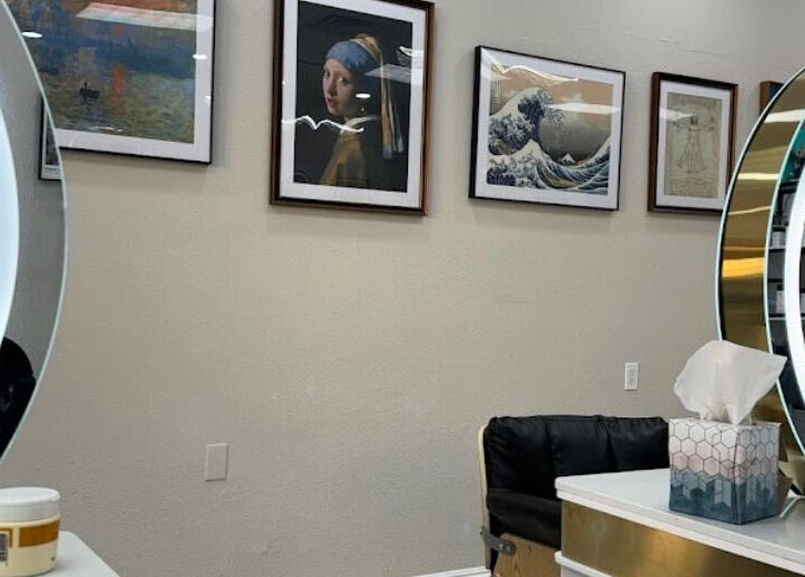 Elegant interior of Art OS Hair Salon in San Gabriel, California, US with artistic wall decor.