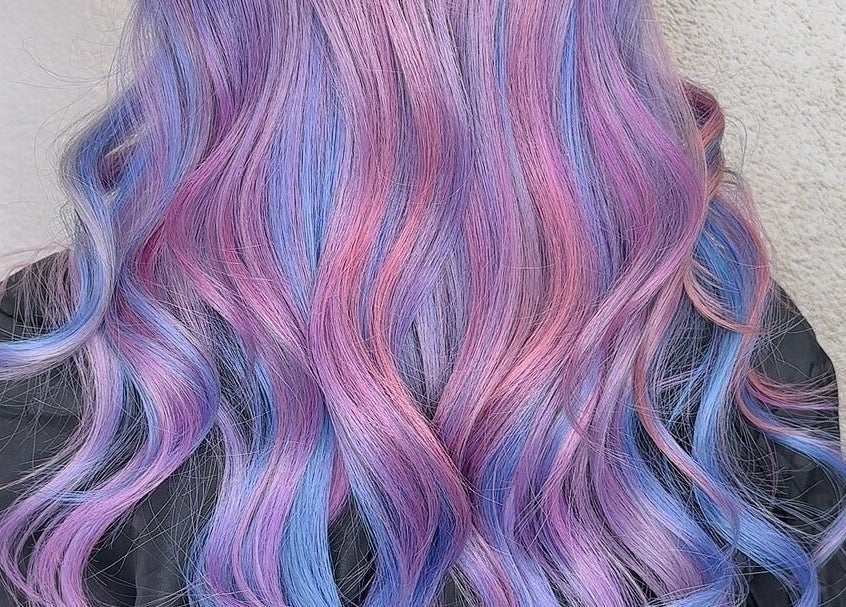 Vibrant purple and blue hair styling at Art OS Hair Salon, San Gabriel, California, US.