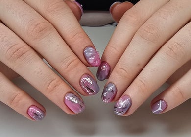 Stylish nail art at Nash & Co Nails in Narangba, Queensland, AU. Featuring pink and purple designs.