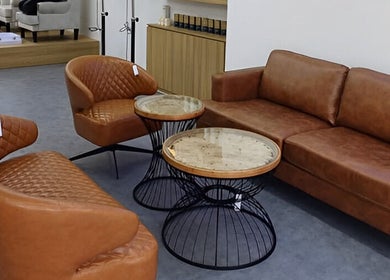 Elegant leather seating with modern tables at Serahair By Seoul Korea Salon in Johor Bahru, Johor, MY.