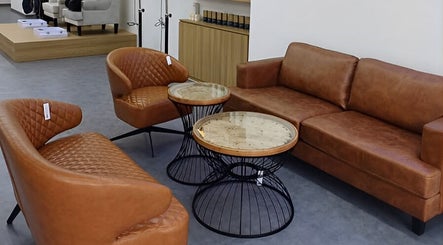 Elegant leather seating with modern tables at Serahair By Seoul Korea Salon in Johor Bahru, Johor, MY.
