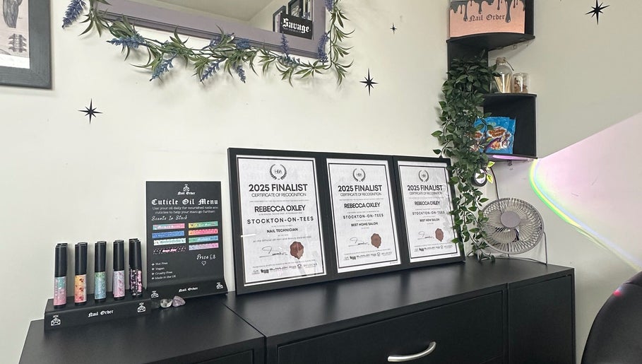 Award-winning display of certificates at Savage Skin and Beauty, Stockton-on-Tees, England, GB.