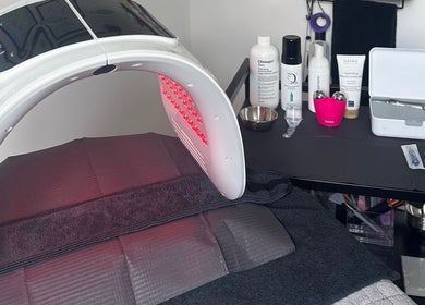 LED facial machine at Savage Skin and Beauty, Stockton-on-tees, England, GB, with skincare products.