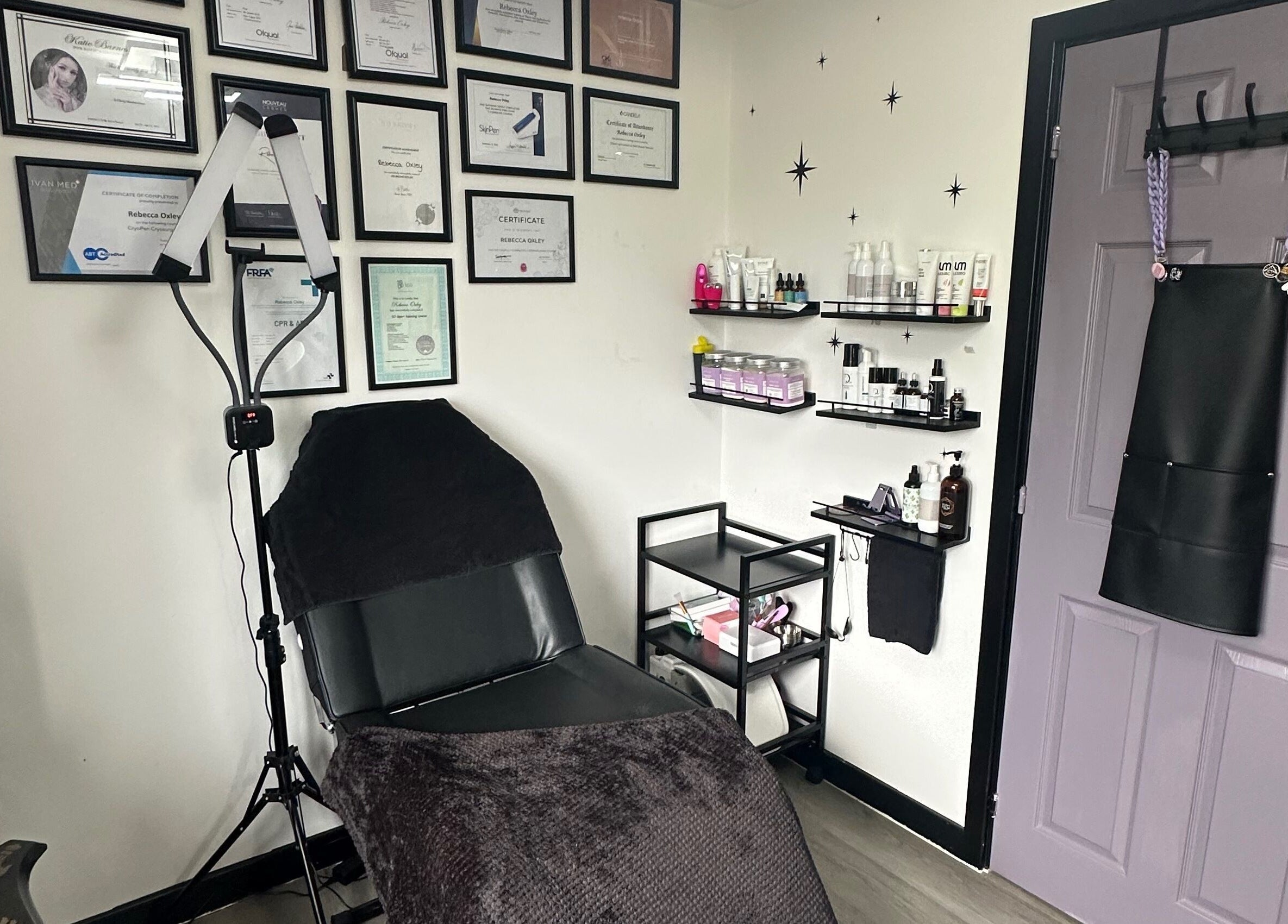 Chic treatment room at Savage Skin and Beauty, Stockton-on-tees, England, GB with professional tools and decor.