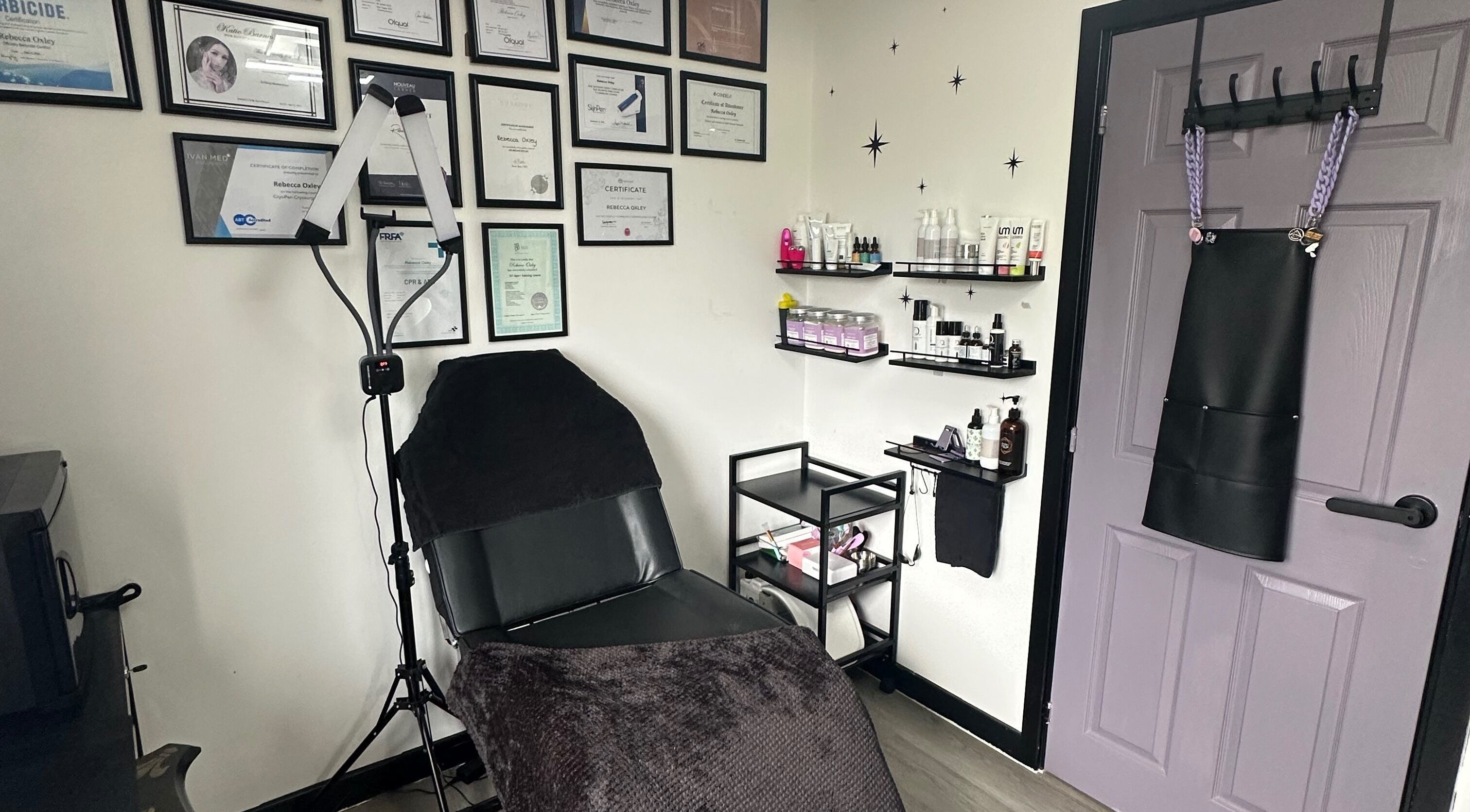Chic treatment room at Savage Skin and Beauty, Stockton-on-tees, England, GB with professional tools and decor.
