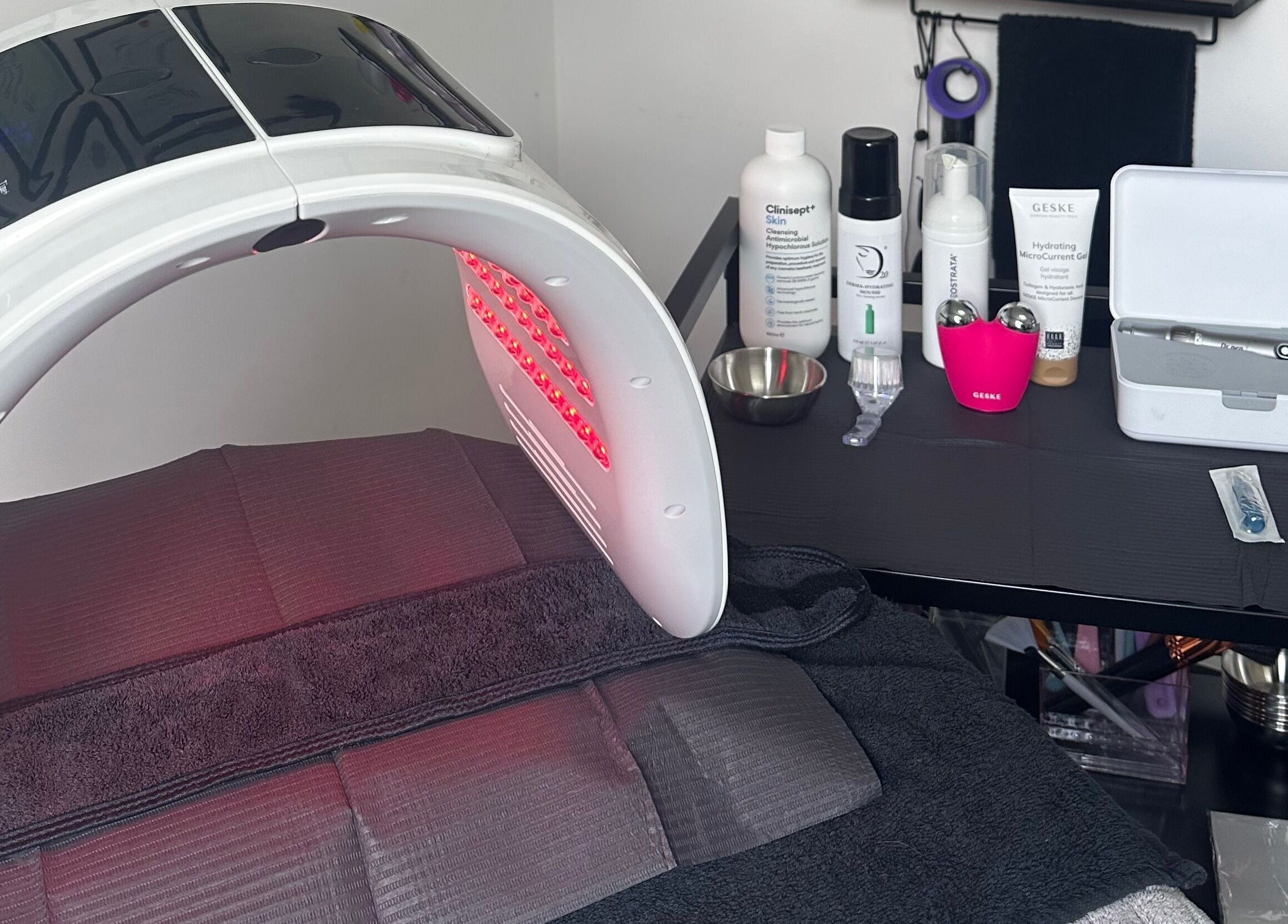 LED facial therapy setup at Savage Skin and Beauty, Stockton-on-tees, England, GB. Skincare products and tools shown.