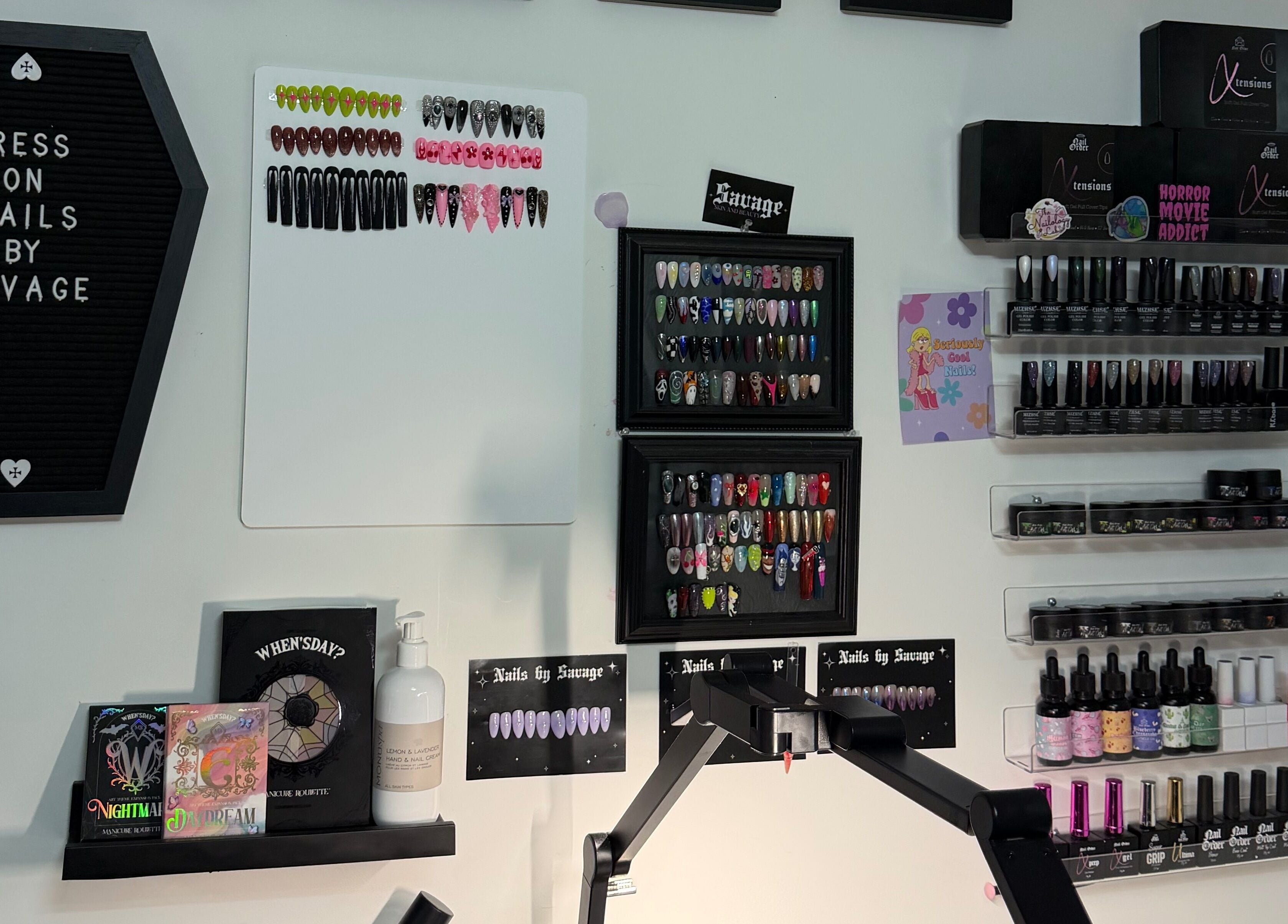Nail art display at Savage Skin and Beauty, showcasing diverse styles in Stockton-on-Tees, England, GB.