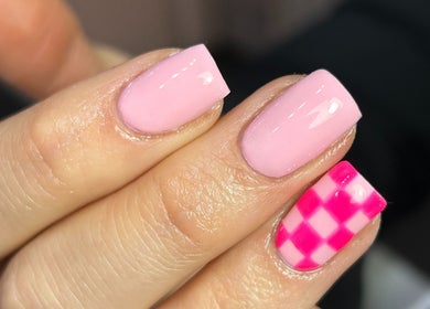 Stunning checkered pink nail design at Nails by Aims Xo, Bolsover, England, GB featuring glossy finishes.