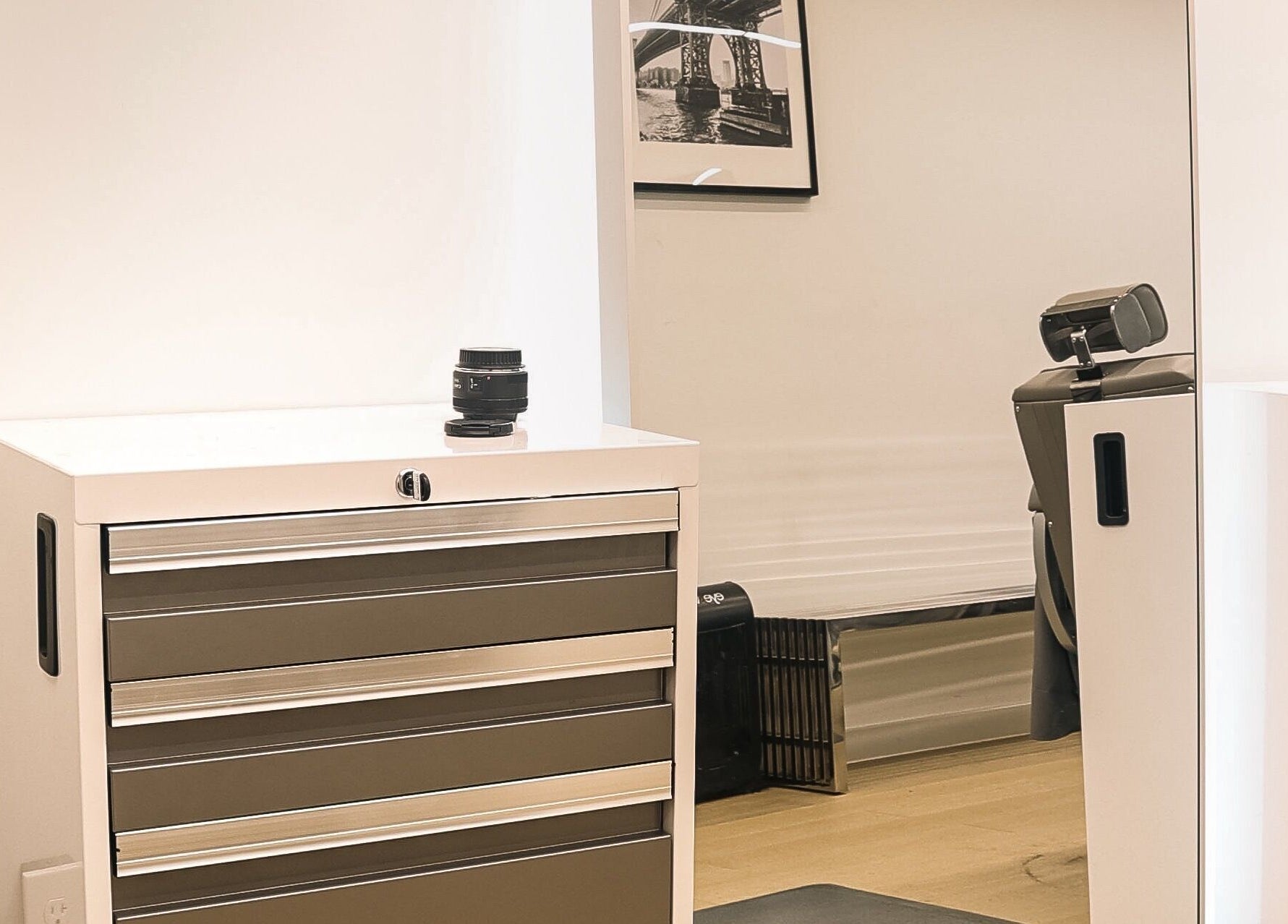 Modern salon equipment at CABELLO BROOKLYN, New York, New York, US. Sleek storage for beauty treatments.