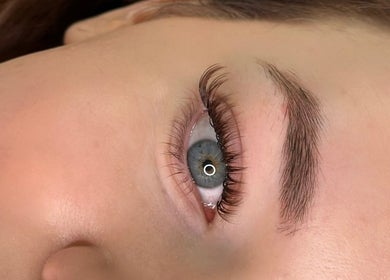Close-up of elegantly styled eyelashes at Electric Lashes UK in Bedford, England, GB.