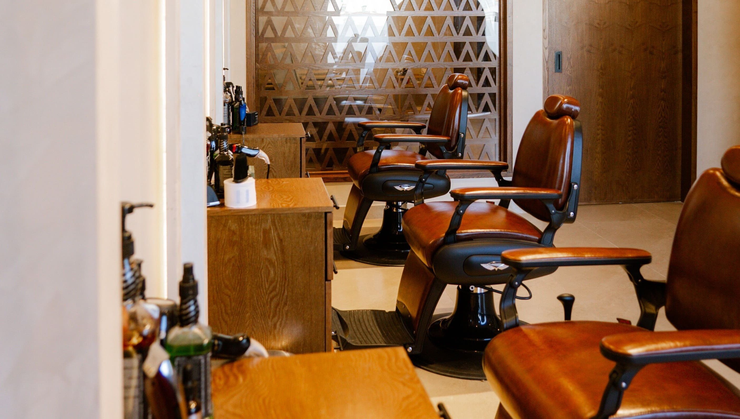 Luxurious barber chairs at Tribes Men's Spa & Salon (Mazoon st), Muscat, Muscat Governorate, OM.