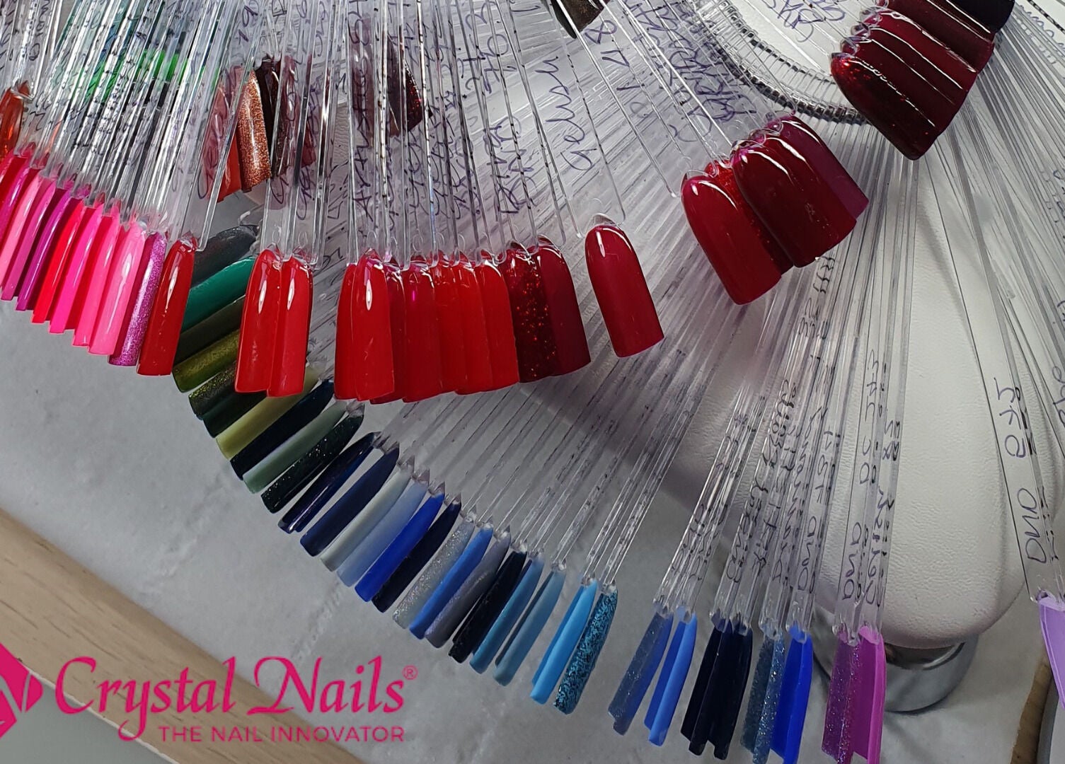 Colorful nail polish samples at Shreen Gayle Works, Wallington, England, GB, showcasing diverse hues.