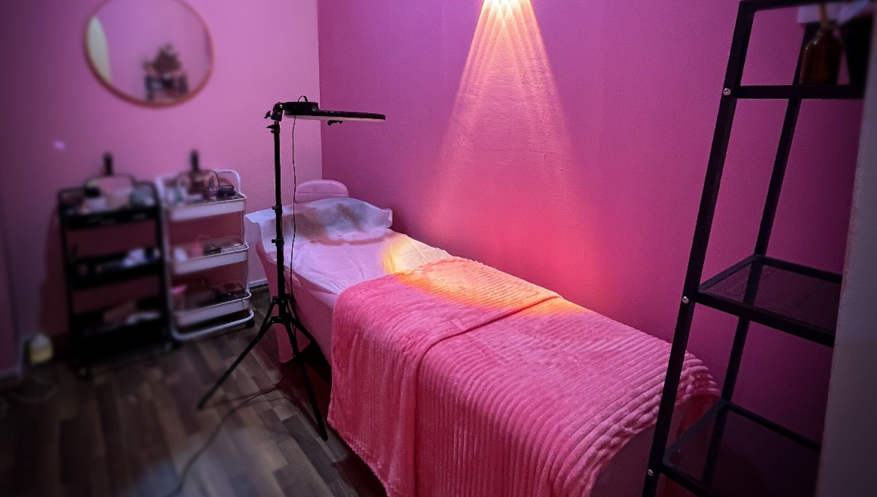 Eyelash by Tasha treatment room in Petaling Jaya, Selangor, MY, featuring a pink-themed decor and cozy ambiance.