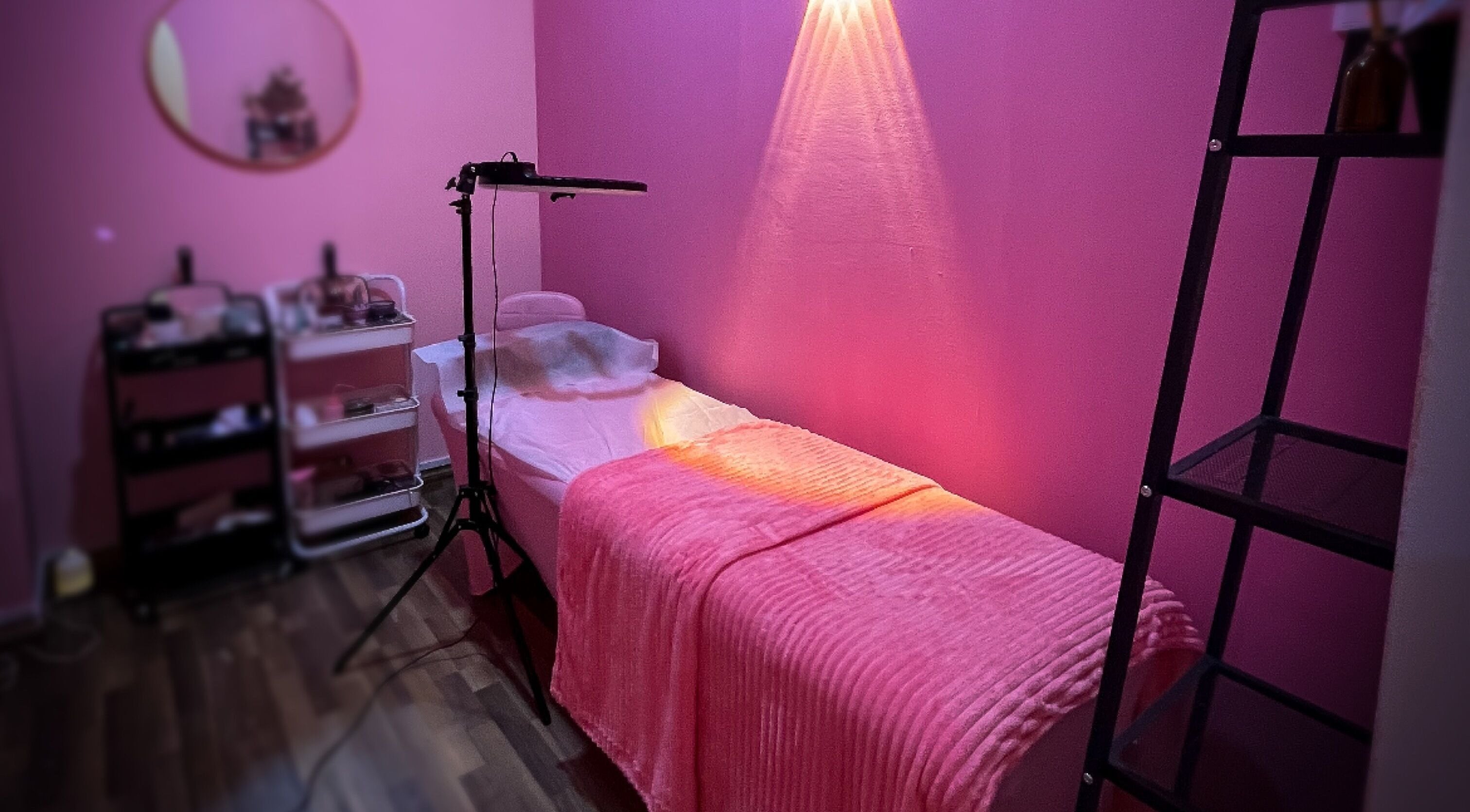 Eyelash by Tasha treatment room in Petaling Jaya, Selangor, MY, featuring a pink-themed decor and cozy ambiance.